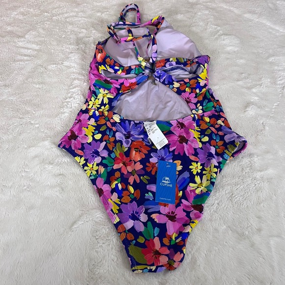 Cupshe Floral One Piece Swimsuit Navy Blue Pink Yellow V-Neck Size Medium NWT - Picture 5 of 12